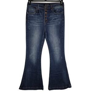 Risen Denim High Rise Button Fly Dark Wash Wide Leg Flare Jeans Size 31/13